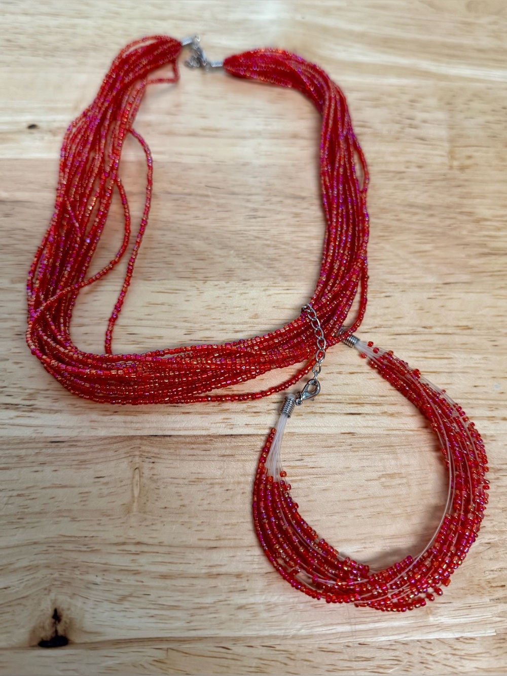 Handcrafted Red Multi-Strand Seed Bead Necklace by
